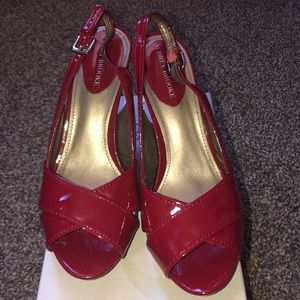 Audrey Brooke dark red open toe cork heel sling